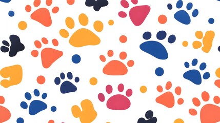 Fototapeta premium Paw prints pattern, bright diverse colors, seamless repeat
