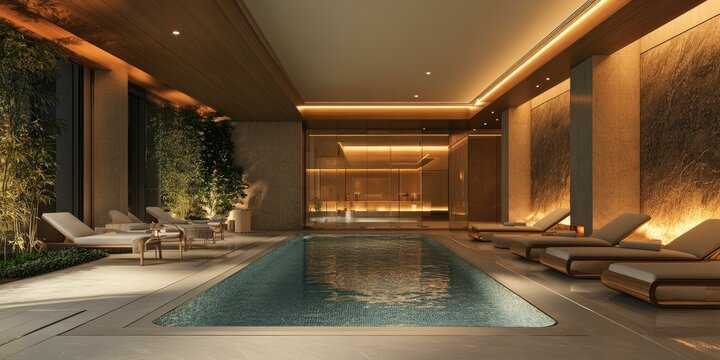 Indoor pool with lounge chairs and city views.