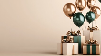 A bunch of balloons and boxes with a gold and green color scheme