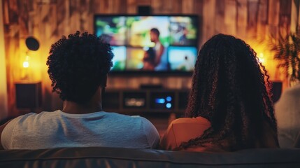 Fototapeta premium An African American couple relaxes at home, sharing quality time while watching a movie on their living room couch in the evening