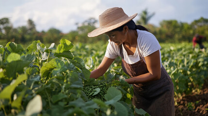  Woman Harvesting Crops on a Sunny Day in a Lush Green Field