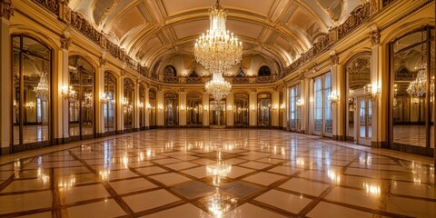Obraz premium Ornate, mirrored ballroom with grand chandeliers.