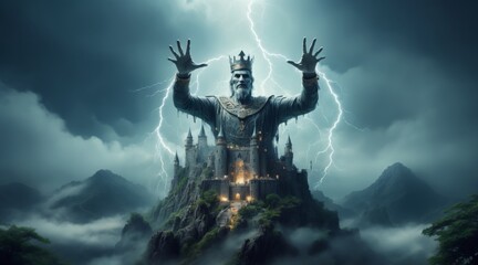 Fototapeta premium Digital illustration of a castle on a mountain with stone constr