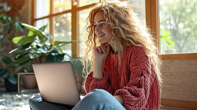 An image from the side shows a happy young woman in casual clothing sitting on the floor next to an open window and using a laptop during her period of quarantine.