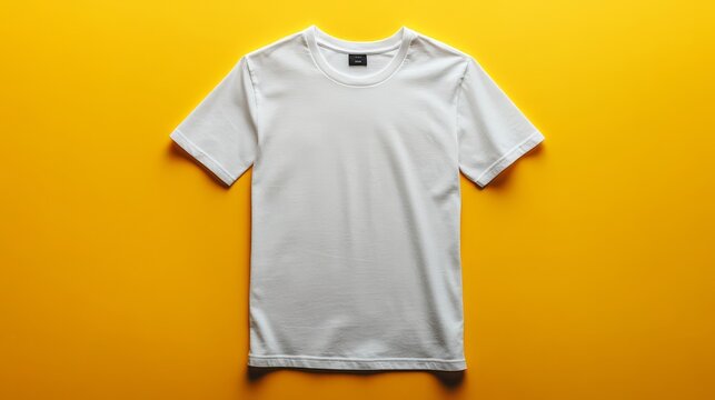 White tshirt mockup lying flat on a bright yellow   12 shirt, t-shirt, clothing, fashion, blank, clothes, polo, tshirt, cotton, design, template, textile, cloth, wear, casual, front, garment, top, obj