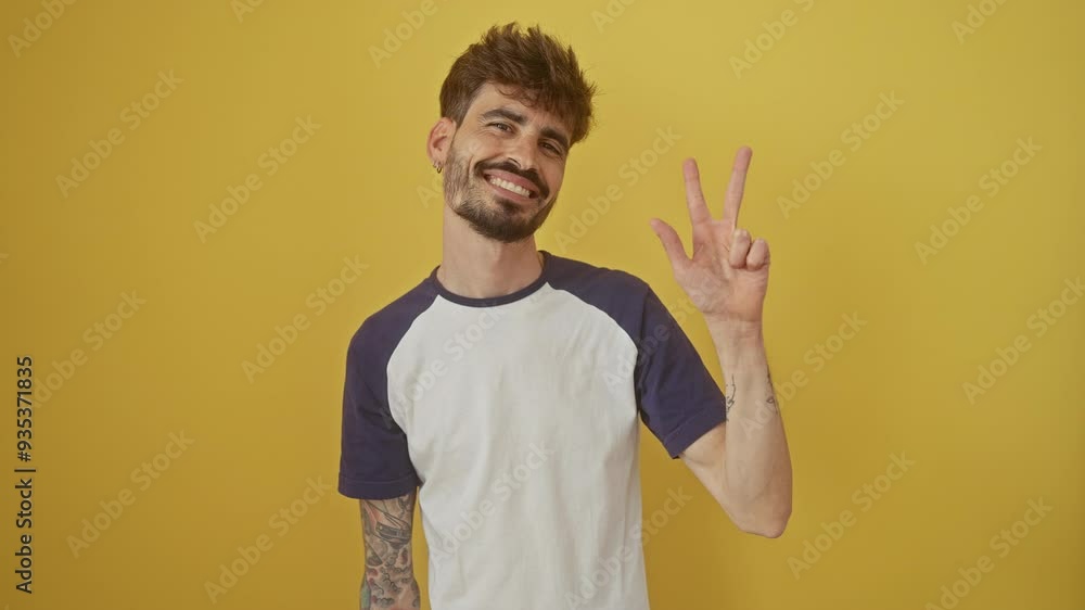 Canvas Prints Confident young hispanic man standing over isolated yellow background, smiling and happily showing number three with fingers, pointing up