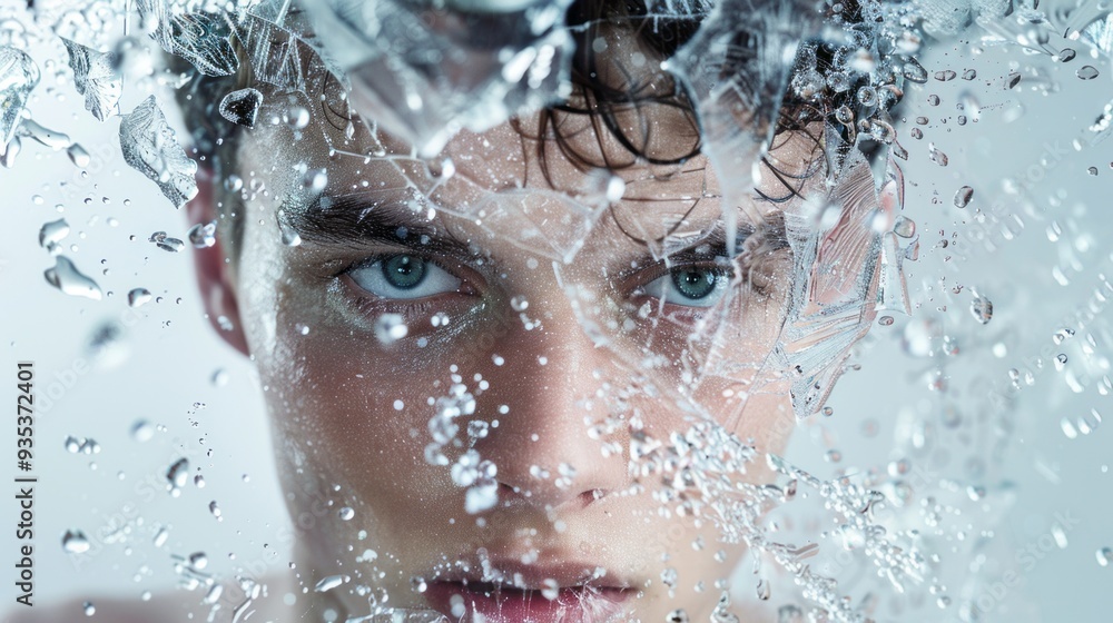 Poster a young man stands out with mesmerizing ice-blue eyes, his face partially obscured by splashes of wa