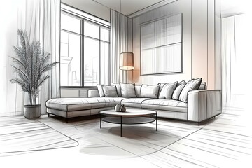 A drawing of a living room with a couch, coffee table, and a potted plant. The room has a modern and minimalist design, with white furniture and a neutral color palette