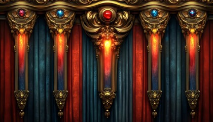 Fototapeta premium Ornate Golden Candelabras with Red and Blue Curtains