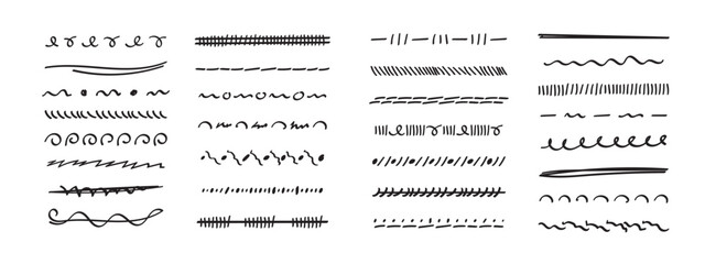 Set of hand drawn marker strokes, underlines.Collection of doodle style various strips. Art lines.Isolated on white.Vector illustration