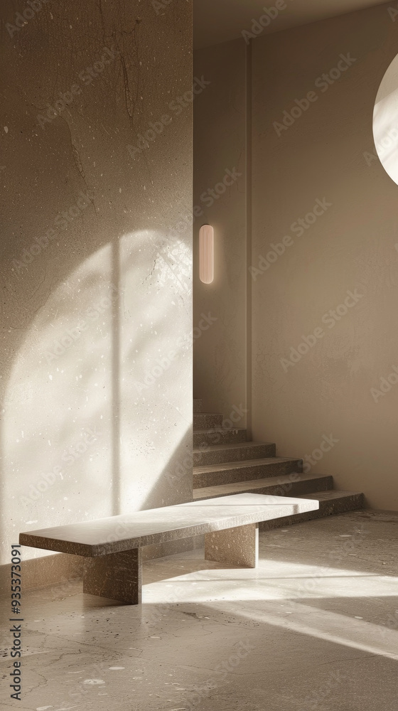 Poster soft natural light illuminates a minimalist room with a bench and a staircase, creating a tranquil a