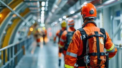 Smoke-filled corridor during evacuation, rescue personnel directing