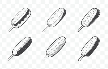 Print Corn Dog Line Art Vector Set with Detailed Illustrations of Classic American Street Food Corn Dogs