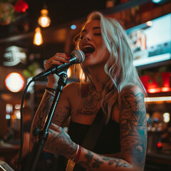 a woman singing into an microphone, female singer at a rock concert, girl singing to a microphone...