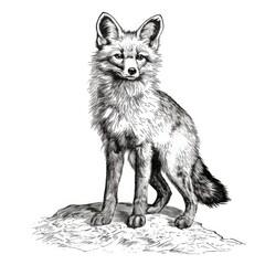Fototapeta premium Detailed Black and White Fox Illustration Standing on Rock, Perfect for Wildlife Art and Nature Designs