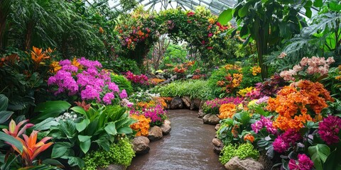 Tropical flowers and greenery surround a stream.