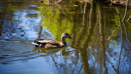 Obraz premium A lone duck swimming in a colorful pond reflection