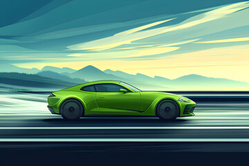 Fototapeta premium green car at high speed along the highway obscures the speed of movement, cartoon style, vector, 3d rendering