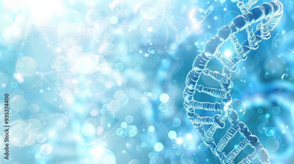 Poster The spiral of blue DNA double helix elegantly rises, shimmering with light and color, symbolizing the complexity of genetic structures in a captivating scientific view