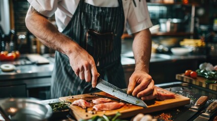 Fototapeta premium A professional chef sharpening a knife, with a stylish apron and a well-organized kitchen workspace