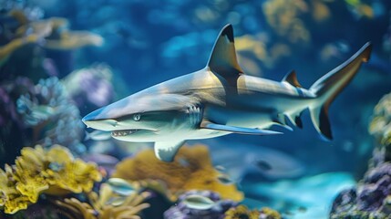 Fototapeta premium Underwater photo of a shark swimming next to colorful coral and algae.