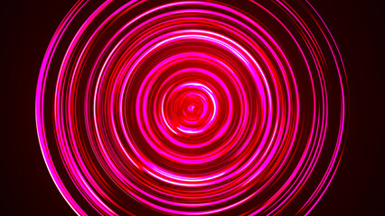 Bright LED tunnel. Colorful effect of colored radial movement. Abstract rounded background. Colored curves and spheres. Multicolor gradient rings and circles. Lens. 3d rendering.