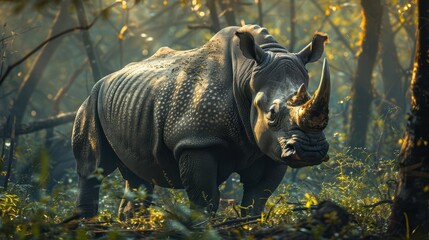 A majestic rhinoceros stands amidst the trees of a lush, green forest.