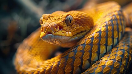 Fototapeta premium Yellow diamondback rattlesnake with its eyes closed, looking directly at the camera.