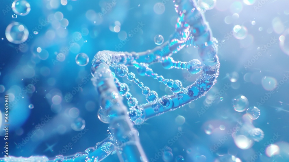 Poster a striking blue double helix structure of dna is prominently displayed, immersed in an array of lumi