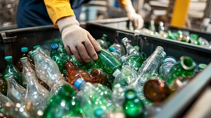 A person is sorting through a pile of glass bottles, some of which are green