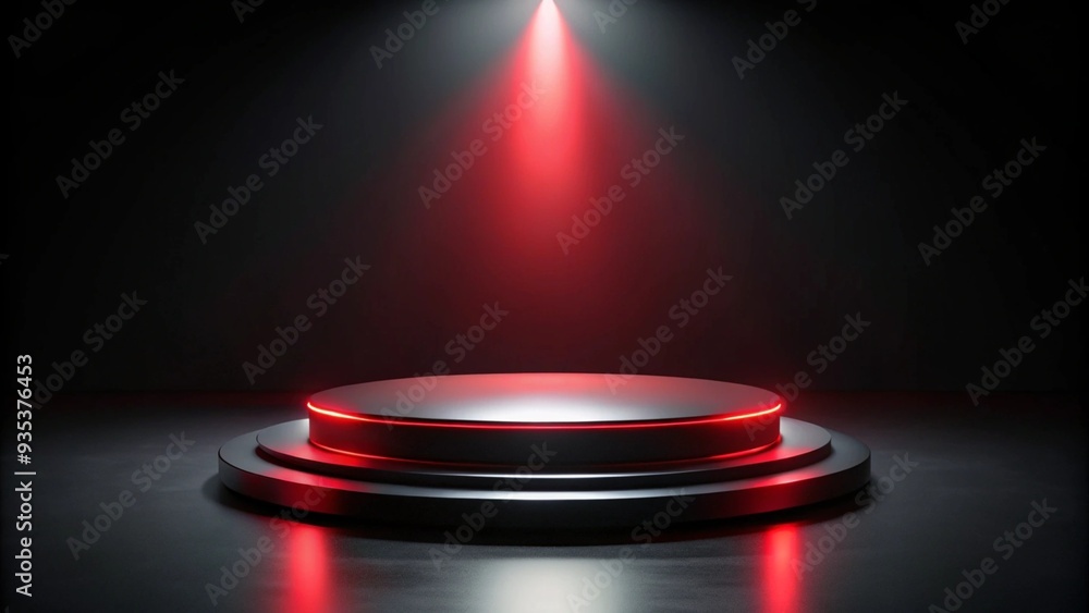 Poster 3d rendering of a round black podium with red spotlight illumination on a dark background