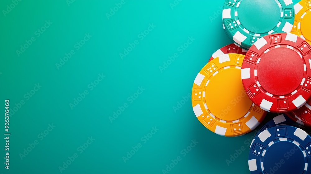 Poster a bunch of colorful poker chips are stacked on top of each other. the image has a playful and fun mo