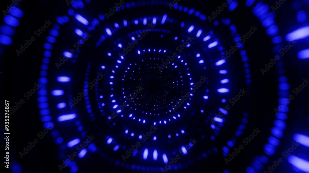 Poster round holographic structures. fly through mirror tunnel with neon pattern, glow lines form sci fi pa