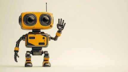 A friendly, yellow robot waves hello with a big smile. It's a cute and playful design, perfect for representing automation, artificial intelligence, and the future of technology.