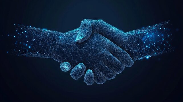 Vector isolated brotherly handshake. Low poly wireframe and points. Polygonal 3D white agreement concept on dark background. Business concept with geometry triangle. With dark blue background. Low pol