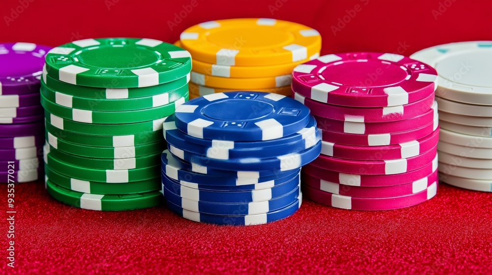 Poster a pile of poker chips in various colors and sizes. the chips are stacked on top of each other, creat
