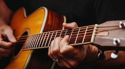 Musician Playing Guitar Under Warm Light, Emotions Flowing Through Every Note 