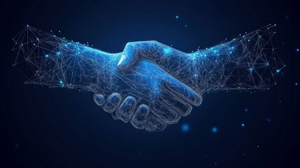 Vector isolated brotherly handshake. Low poly wireframe and points. Polygonal 3D white agreement concept on dark background. Business concept with geometry triangle. With dark blue background. Low pol