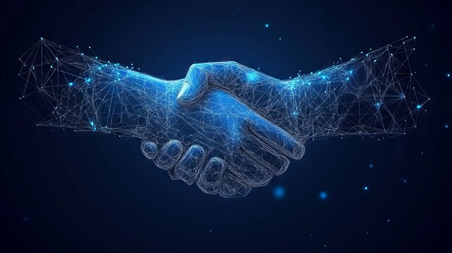 Vector isolated brotherly handshake. Low poly wireframe and points. Polygonal 3D white agreement concept on dark background. Business concept with geometry triangle. With dark blue background. Low pol