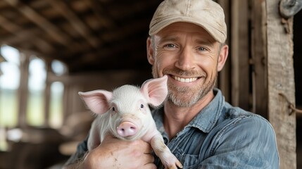 A joyful farmer smiles while holding a cute piglet in a rustic barn, showcasing the bond between man and animal.