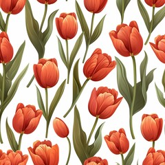 Obraz premium Red tulips illustration. Hand drawn flowers watercolor seamless pattern on white background