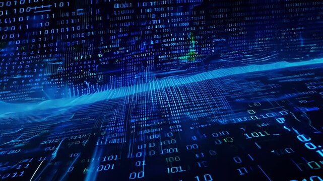 A vibrant digital landscape showcases flowing data streams and binary code, creating an immersive experience of technology in motion.