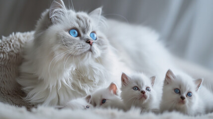 Fototapeta premium A white Persian cat with striking blue eyes is lying on a soft blanket with three small kittens, who also have blue eyes