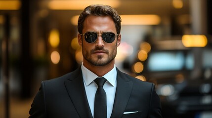 Fototapeta premium Professional Bodyguards Ensure Safety Near Luxury Vehicle