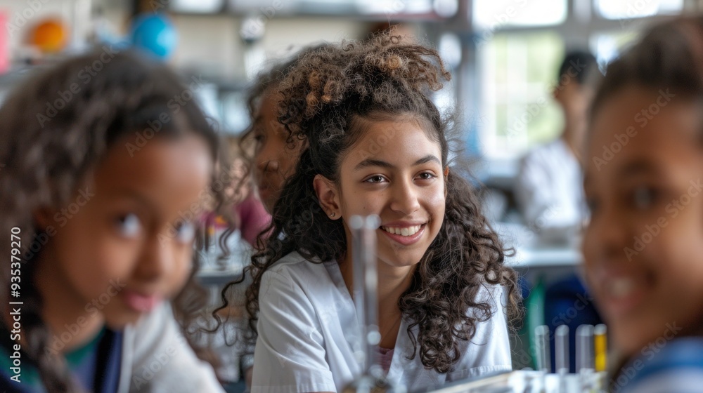 Poster a young biracial teacher interacts with students in a lively classroom, fostering curiosity and lear