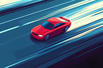 Fototapeta premium red car at high speed along the highway blur movement speed, cartoon style, vector, 3d rendering