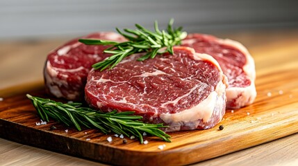 Fototapeta premium Premium Succulent Meat Cuts with Fresh Herbs on Wooden Table
