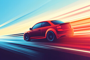 red car at high speed along the highway blur movement speed, cartoon style, vector, 3d rendering