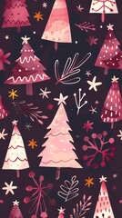 This holiday-themed design showcases a charming pattern of pink trees and decorative stars set against a dark backdrop, perfect for seasonal celebrations