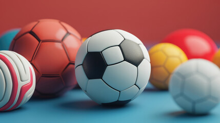 Colorful sports balls on blue and red background, various athletic interests